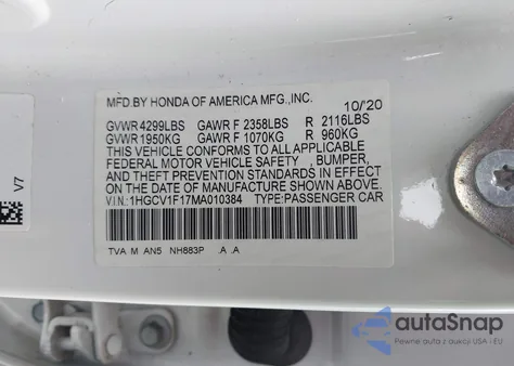 2021 Honda Accord Lx z USA, uszkodzony, nr VIN 1HGCV1F17MA010384